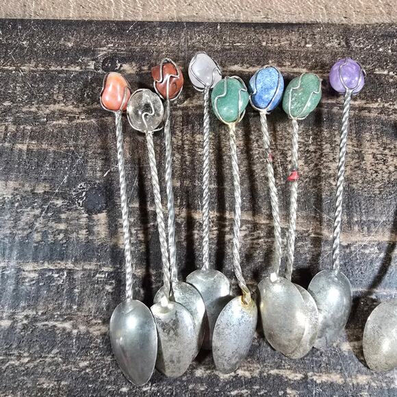 Vintage Semi Precious Stone Demitasse Spoons Set of 10 Twisted/Wire wrapped - Picture 5 of 6